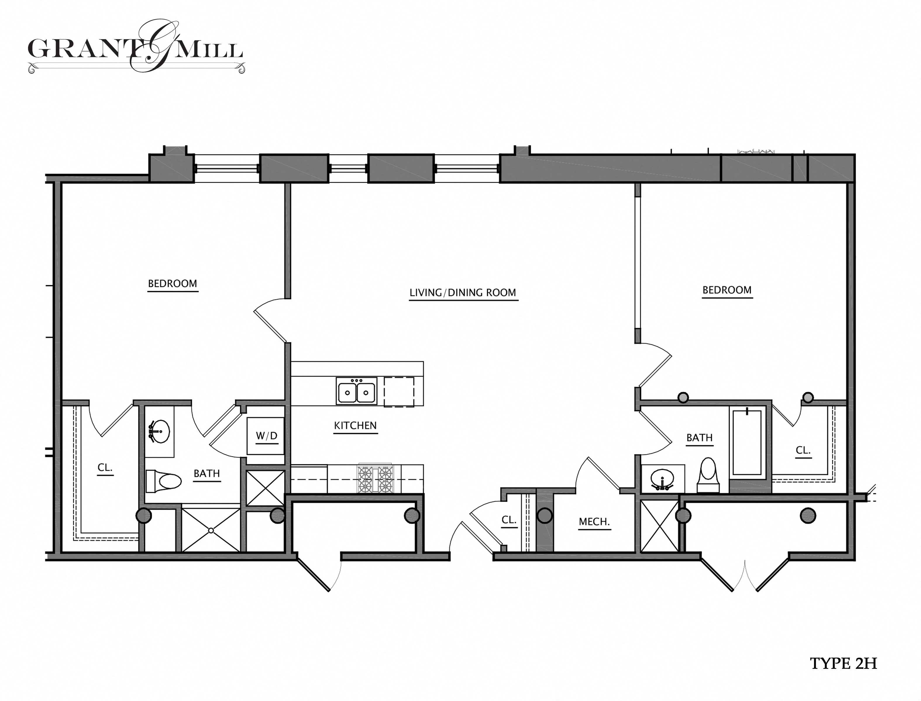 Floor plan for 2 beds, 2 baths, 1363 sqft